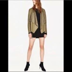 Zara Olive Green Faux Leather Open-front Super Soft Easy-to-wear Jacket